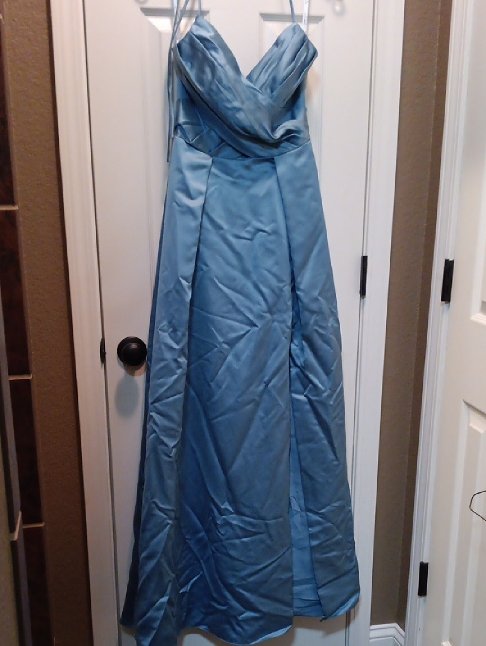Satin A-Line Spaghetti Strap Halter Dress in Dusty Blue Wedding Guest Staple